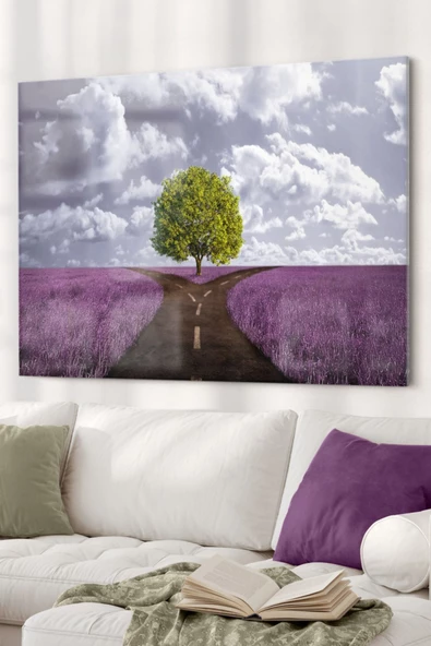 Yeşil Ağaç Ve Ayrılan Yol | Doğa Temalı Dekoratif ve Modern Cam Tablo | 50x70 Cm