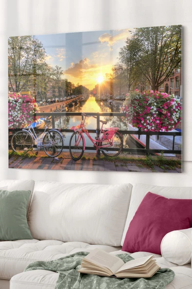 Hollanda Utrecht Bisiklet Köprüsü | Manzara Temalı Dekoratif ve Modern Cam Tablo | 50x70 Cm