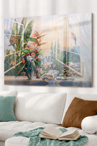 Çiçekli Vazo Ve Doğa Manzarası | Manzara Temalı Dekoratif ve Modern Cam Tablo | 50x70 Cm