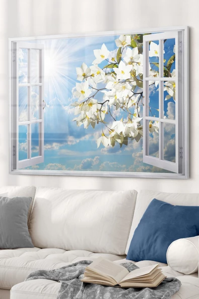 Pencere Ve Beyaz Çiçekler | Manzara Temalı Dekoratif ve Modern Cam Tablo | 50x70 Cm