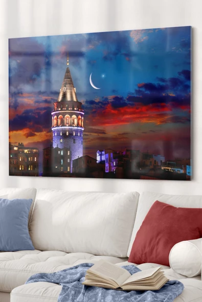 Galata Kulesi Ve Hilal | Şehir Temalı Dekoratif ve Modern Cam Tablo | 50x70 Cm