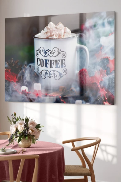 Kahve Ve Marşmelov | Mutfak Temalı Dekoratif ve Modern Cam Tablo | 50x70 Cm
