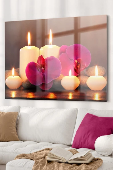 Mum Ve Pembe Çiçek |mum Temalı Dekoratif ve Modern Cam Tablo | 50x70 Cm