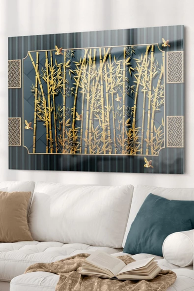 Gold Detaylı Ağaç Dalları Ve Kuş | Doğa Temalı Dekoratif ve Modern Cam Tablo | 50x70 Cm