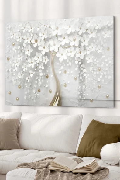 Inci Çiçekli Ağaç 3d | Çiçek Temalı Dekoratif ve Modern Cam Tablo | 50x70 Cm