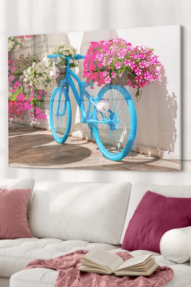 Pembe Çiçek Ve Mavi Bisiklet | Çiçek Temalı Dekoratif ve Modern Cam Tablo | 50x70 Cm