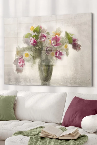 Vazo Ve Çiçek | Çiçek Temalı Dekoratif ve Modern Cam Tablo | 50x70 Cm