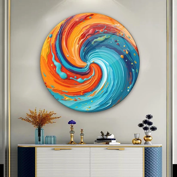 Hotumda Savrulan Renklerin Ahengi Sanatsal Yuvarlak Dekoratif ve Modern Cam Tablo ürün görseli