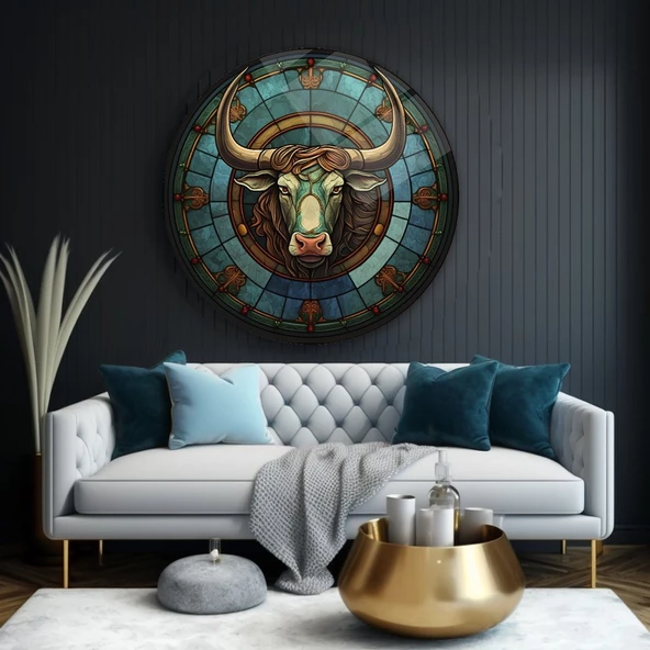 İnek Kafası Sanatsal Yuvarlak Dekoratif ve Modern Cam Tablo - Resim 2