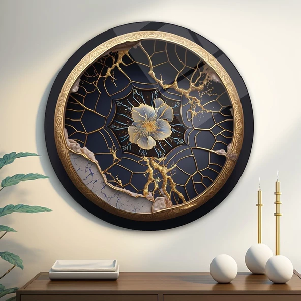 Gold Çiçek Gold Çizgiler Sanatsal Dekoratif ve Modern Cam Tablo