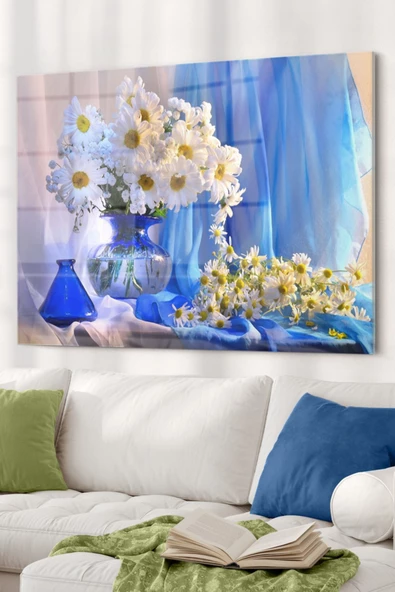 Vazo Ve Papatya | Çiçek Temalı Dekoratif ve Modern Cam Tablo | 50x70 Cm