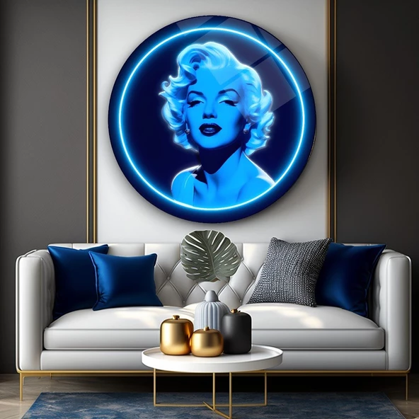 Marilyn Monroe Mavi Neon yuvarlak Dekoratif ve Modern Cam Tablo