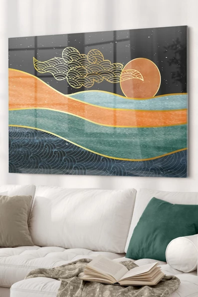 Güneş Ve Deniz Soyut Çalışma | Soyut Temalı Dekoratif ve Modern Cam Tablo | 50x70 Cm