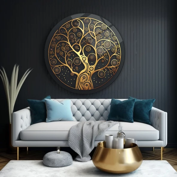 Gold Desenli Sanatsal Yuvarlak Dekoratif ve Modern Cam Tablo