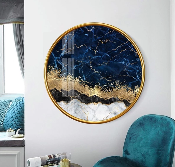 Lacivert Temalı Sanatsal Yuvarlak Dekoratif ve Modern Cam Tablo ürün görseli