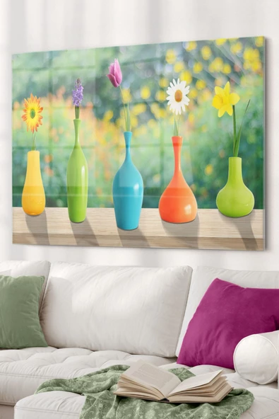 Renkli Çiçekler Ve Vazolar|doğa Temalı Dekoratif ve Modern Cam Tablo | 50x70 Cm