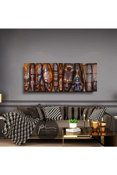 Afrika Maskeleri Panoramik Dekoratif ve Modern Cam Tablo