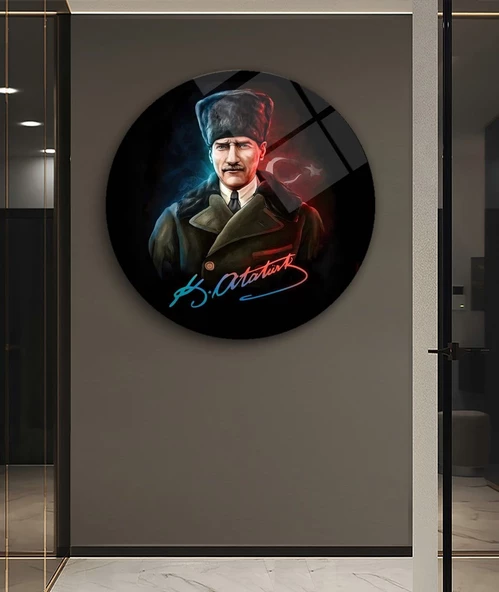 Atatürk ve Ayyıldız Sanatsal Yuvarlak Dekoratif ve Modern Cam Tablo
