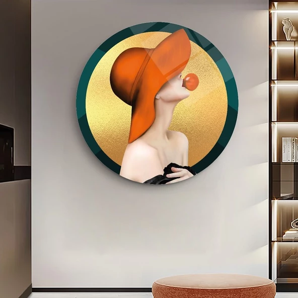 Mutlu Kadın Temalı Sanat sal Yuvarlak Dekoratif ve Modern Cam Tablo