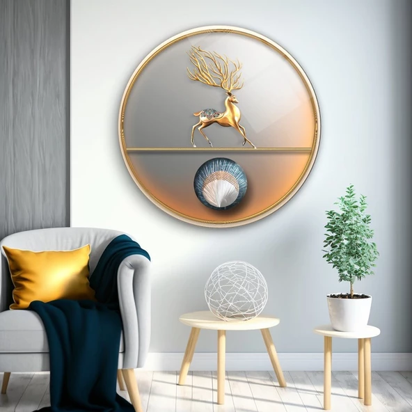 Sarı Geyik Sanatsal Yuvarlak Dekoratif ve Modern Cam Tablo