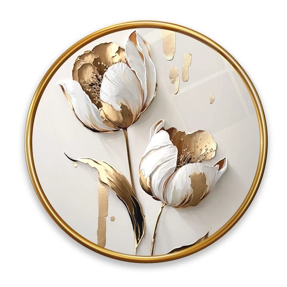 Beyaz Çiçek Yuvarlak Dekoratif ve Modern Cam Tablo ürün görseli 1