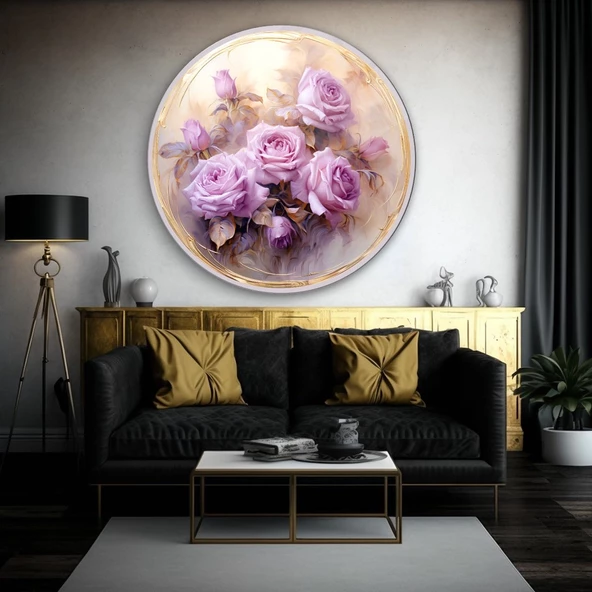 Pembe Güller Sanatsal Yuvarlak Dekoratif ve Modern Cam Tablo
