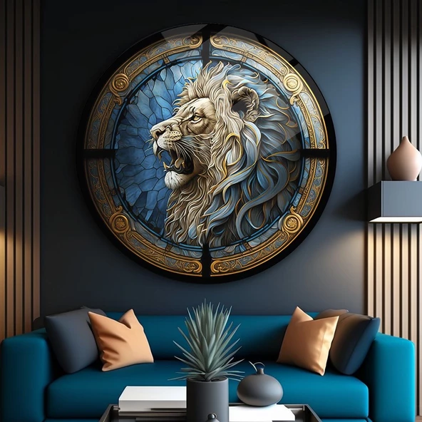 Aslan Temalı Sanatsal Yuvarlak Dekoratif ve Modern Cam Tablo