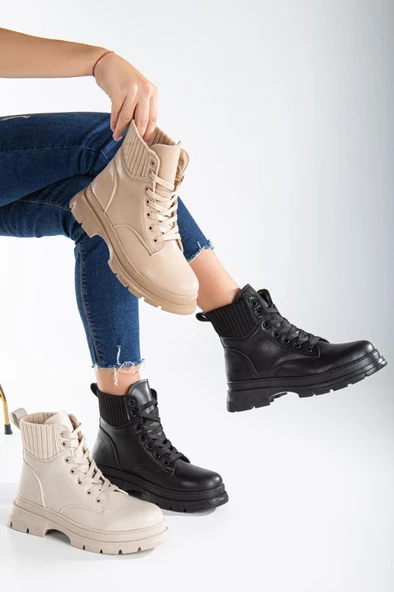 Kadın Kumaş Detaylı Günlük Bot Kalın Taban Tam Kalıp Tırtık Taban Bot - Resim 3