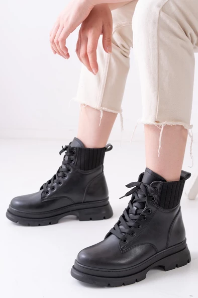 Kadın Kumaş Detaylı Günlük Bot Kalın Taban Tam Kalıp Tırtık Taban Bot - Resim 2