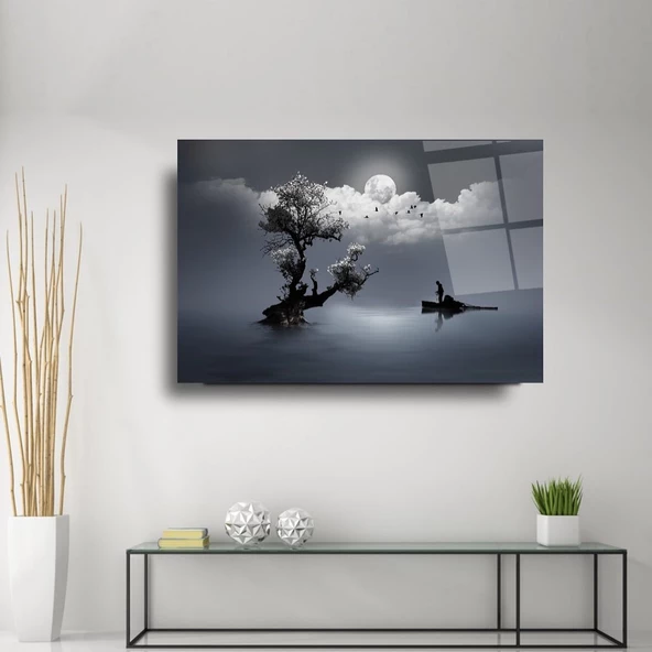 Ay Işığında Deniz Manzarası Dekoratif ve Modern Cam Tablo