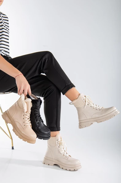 Kadın Kumaş Detaylı Günlük Bot Kalın Taban Tam Kalıp Tırtık Taban Bot - Resim 6