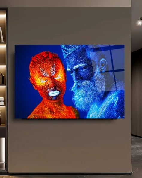 Ateş ve Buz Çelişki Temalı Sanatsal Dekoratif ve Modern Cam Tablo