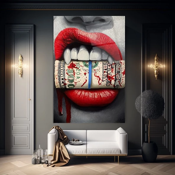 Dudak Arasında Dolar Sanatsal Dekoratif ve Modern Cam Tablo ürün görseli