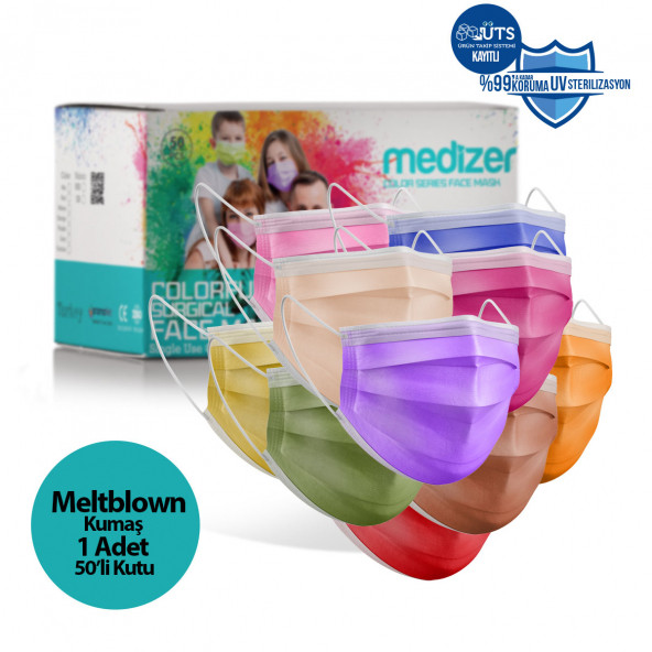 Medizer Color Serisi 3 Katlı Meltblown Kumaş Cerrahi Maske Burun Telli - 50 Adet - 1