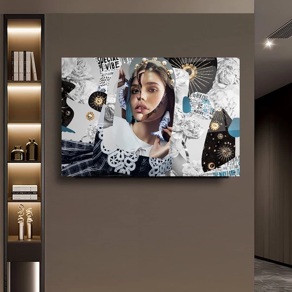 Etrafı Motiflerle Çevrili Kız Sanatsal Dekoratif ve Modern Cam Tablo ürün görseli