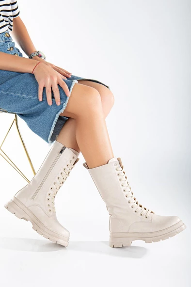 Kadın Bağcıklı Orta Boy Kalın Tırtık Taban Fermuarlı Günlük Çizme - Resim 2