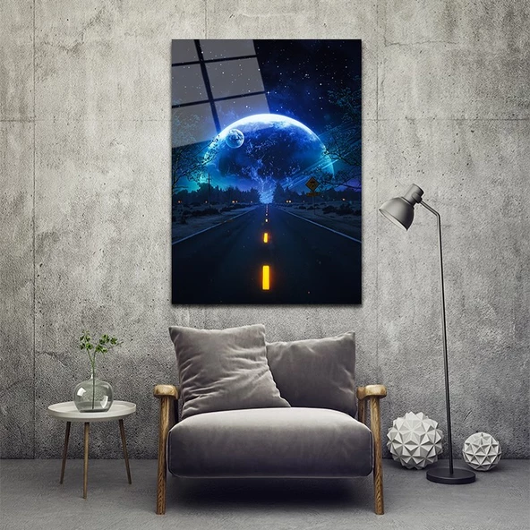 Gece Ay Ve Yol Temalı Sanatsal Dekoratif ve Modern Cam Tablo