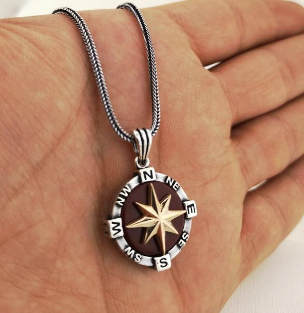 925 Ayar Gümüş Pusula Kolye Kırmızı 60 CM - 2