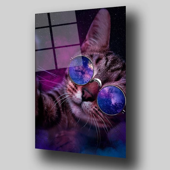 Gözlüklü Kedi Sanatsal Dekoratif ve Modern Cam Tablo