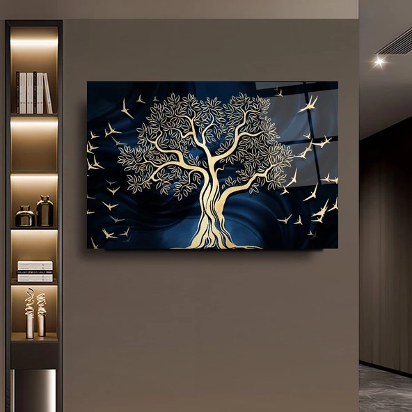 Gece Kuş ve Ağaç Temalı Sanatsal Dekoratif ve Modern Cam Tablo
