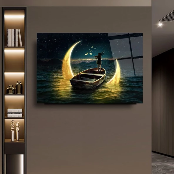 Gece Sandalla Aya Yolculuk Eden Kız Sanatsal Dekoratif ve Modern Cam Tablo