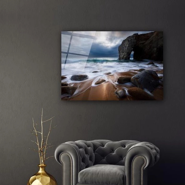 Kayalıklar Köpüren Deniz Sanatsal Dekoratif ve Modern Cam Tablo