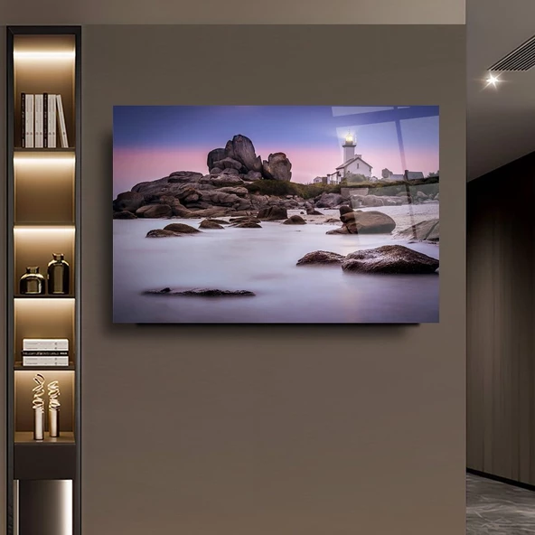 Kayalıklar Deniz Feneri Sanatsal Dekoratif ve Modern Cam Tablo ürün görseli
