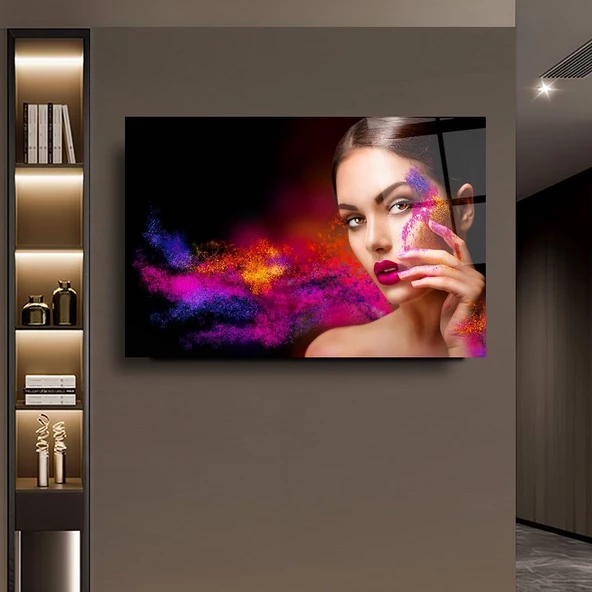 Güzel Kadın ve Rekli Desen Sanatsal Dekoratif ve Modern Cam Tablo