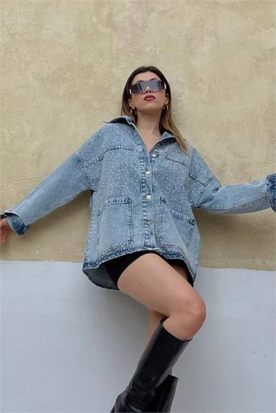Dipmoda kadın taşlı cep detaylı denim ceket DPASP6014 - 2