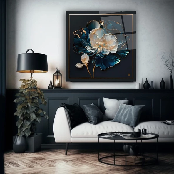 Mavi Beyaz Çiçek Sanatsal Dekoratif ve Modern Cam Tablo ürün görseli