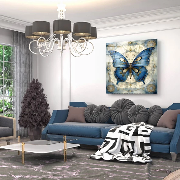 Mavi Kelebek Sanatsal Dekoratif ve Modern Cam Tablo ürün görseli