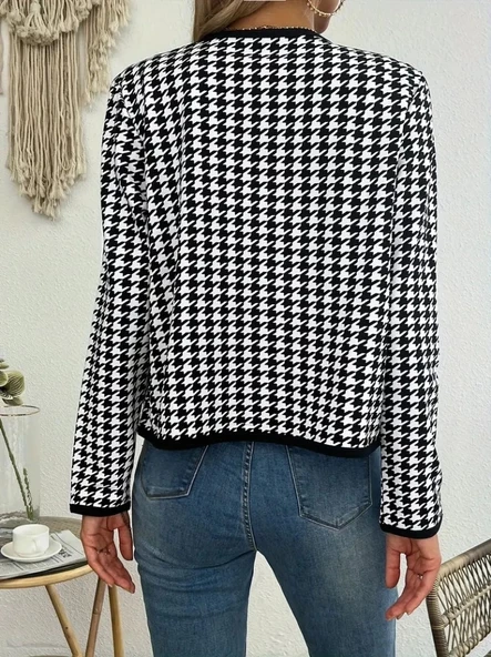 Kadın Uzun Kollu Kaz Ayağı Desenli şardonlu Dalgıç Ceket - 2