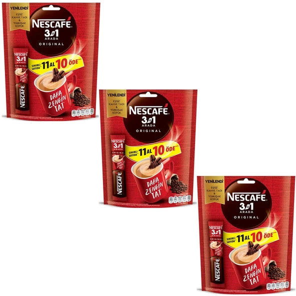 Nescafe 3'ü 1 Arada Original Kahve 11 Al 10 Öde 11 x 17.5g 3 ADET