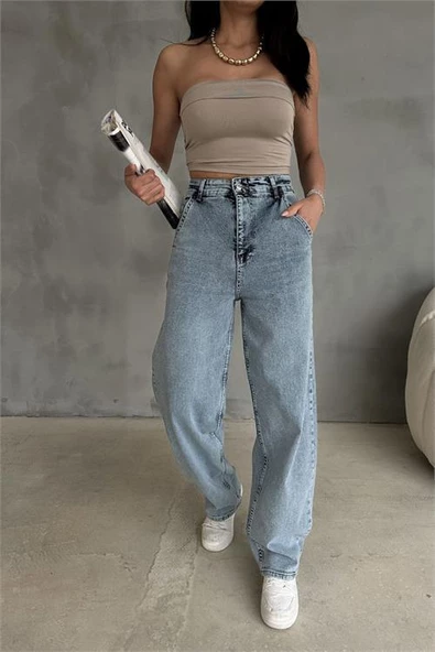 Dipmoda kadın likralı yüksek bel baggy jean DPR001 - 2